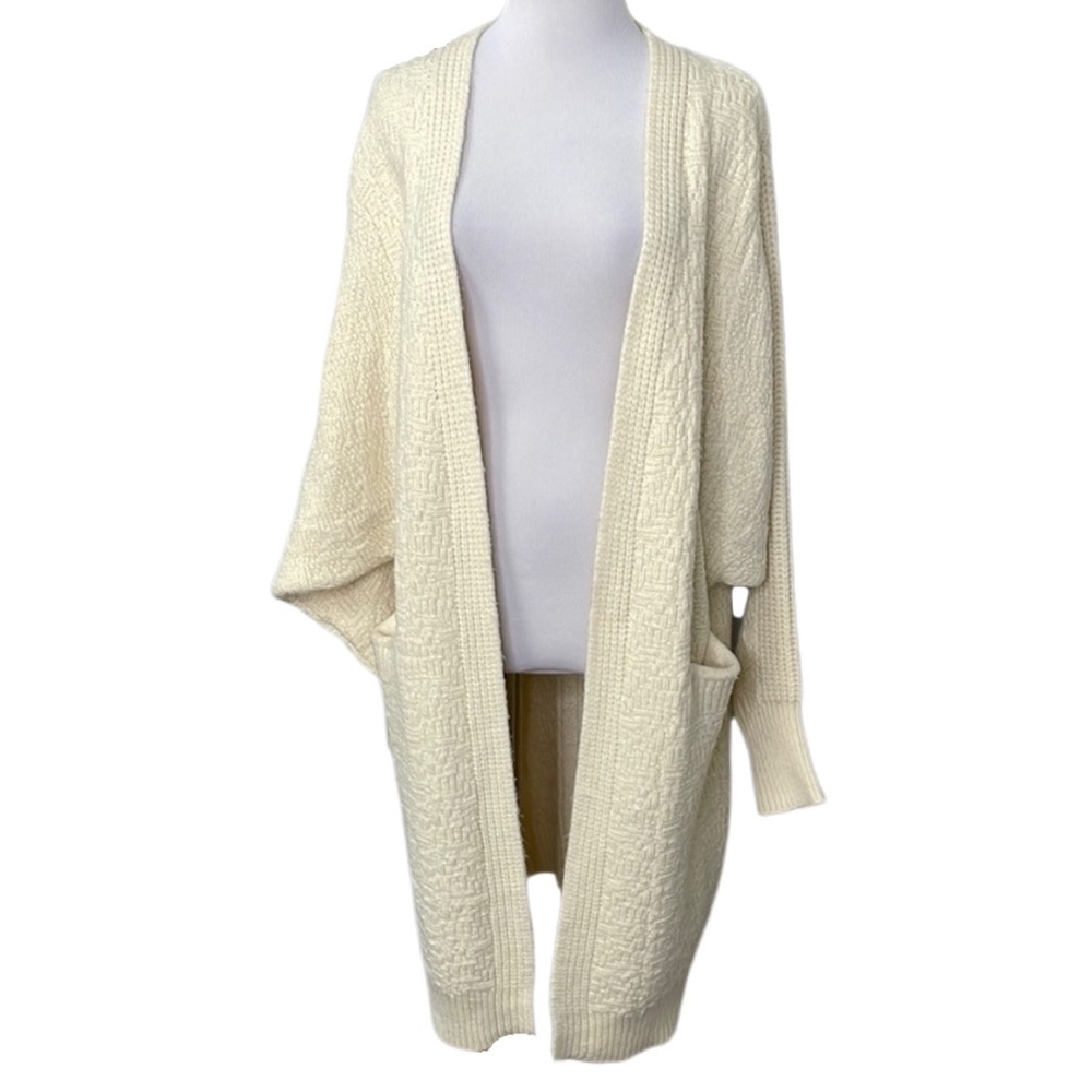YUKA Ecru Thick Knit Dolman Sleeve Long Length Cardigan Sweater with Pockets